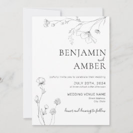 Convites Casamento Minimalista de Arte da Linha de Flores S
