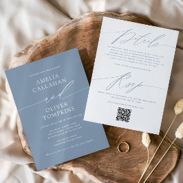 Convites Casamento Minimalista de Duas Faces em Azul Empoei