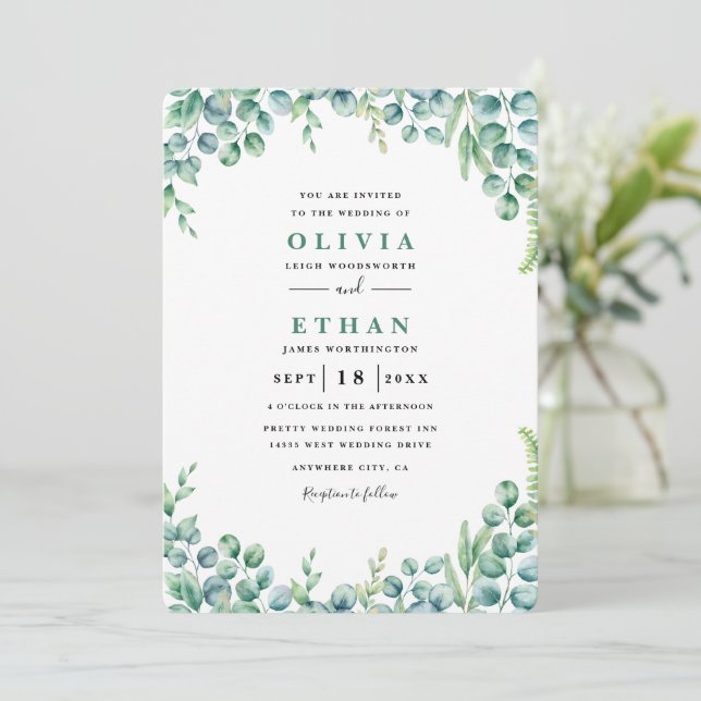 Convites Casamento Minimalista de Eucalipto (Em pé/Frente)