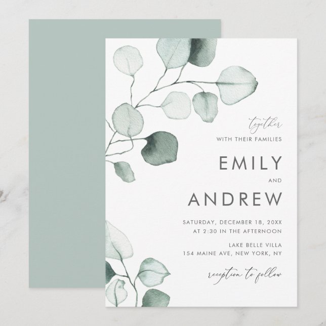 Convites Casamento Minimalista De Eucalyptus De Aquarela (Frente/Verso)