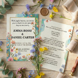 Convites Casamento Minimalista de Floral em Aquarela e Dour