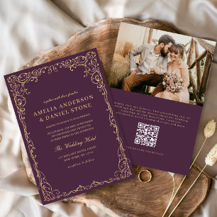 Convites Casamento Minimalista de Foto Púrpura de Código QR