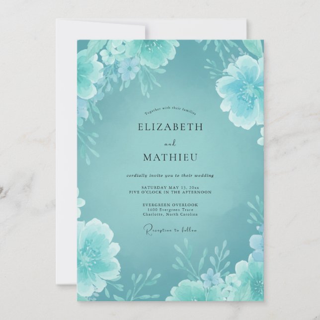 Convites Casamento Minimalista de Peônia Aqua (Frente)