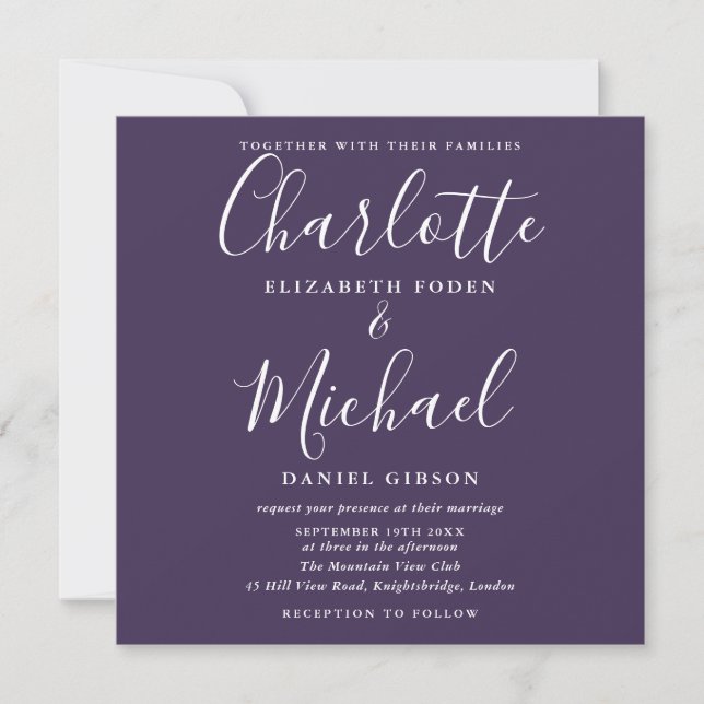 Convites Casamento Minimalista De Script Elegante Roxo (Frente)