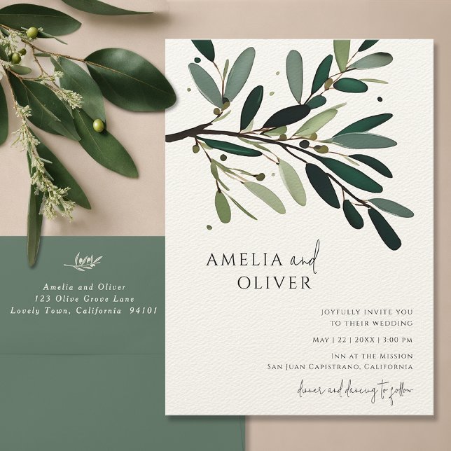 Convites Casamento Minimalista do Branch da Oliveira Elegan (Olive tree branch wedding invitation, olive green botanical wedding invite, watercolor wedding card)