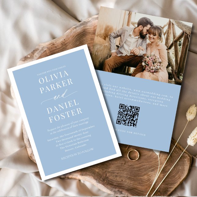 Convites Casamento Minimalista do Código QR Dusty Blue (Criador carregado)