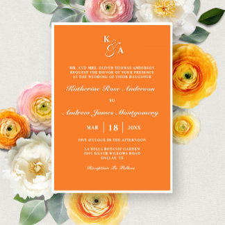 Convites Casamento Minimalista do Monograma Laranja Moderno