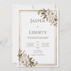 Convites Casamento Minimalista Dourado Branco Floral Rústic