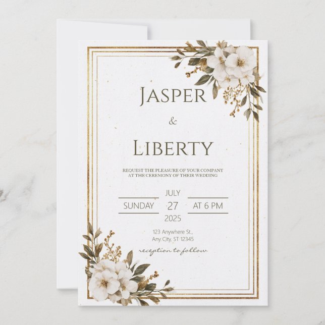 Convites Casamento Minimalista Dourado Branco Floral Rústic (Frente)