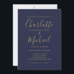 Convites Casamento Minimalista Dourado e marinho Azul<br><div class="desc">Um convite de casamento elegante e minimalista,  azul e marinho dourado,  com nomes de estilo de assinatura,  este convite de casamento de na moda pode ser personalizado com suas informações em letra chic. Projetado por Thisnotme©</div>