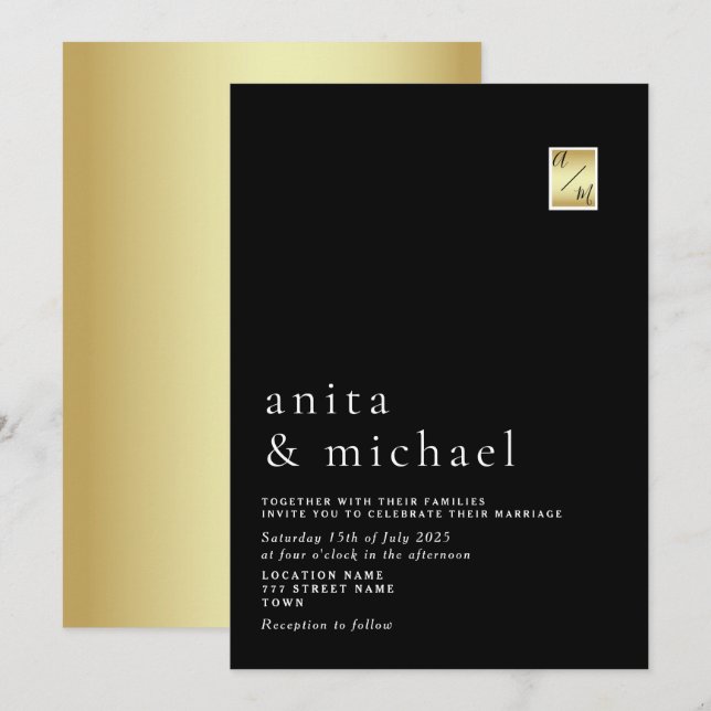 Convites Casamento Minimalista Dourado e Preto (Frente/Verso)