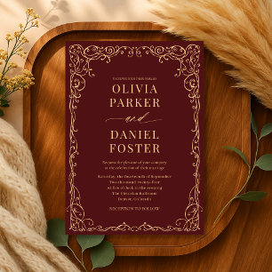 Convites Casamento Minimalista Dourado Elegante Burgundy