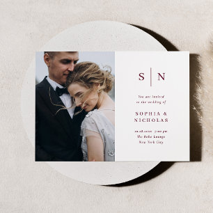 Convites Casamento Minimalista e Chic com Foto em Burgundy 