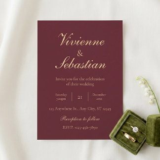Convites Casamento Minimalista Elegante Burgundy Dourado
