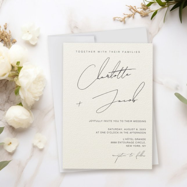Convites Casamento Minimalista Elegante em Marfim (Elegant Chic Minimalist Handlettering script names Ivory wedding invitation)