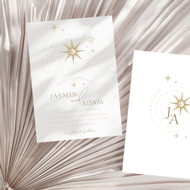 Convites Casamento Minimalista Elegante Estrelas Celestiais (Celestial White Stars and Gold Wedding Foil Invitation)