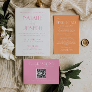 Convites Casamento Minimalista Elegante Rosa Laranja