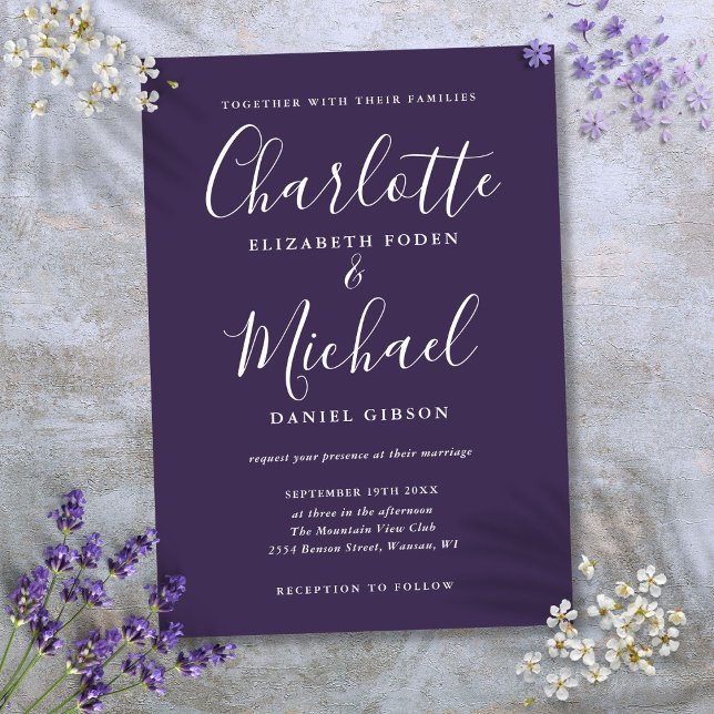 Convites Casamento Minimalista Elegante Roscas Roscas (Purple Minimalist Elegant Script Wedding Invitation)