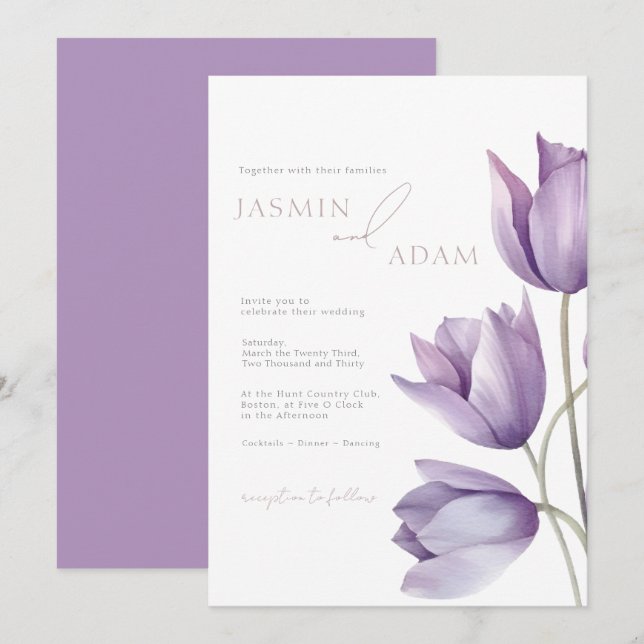 Convites Casamento Minimalista Elegante Tulipa Roxa (Frente/Verso)