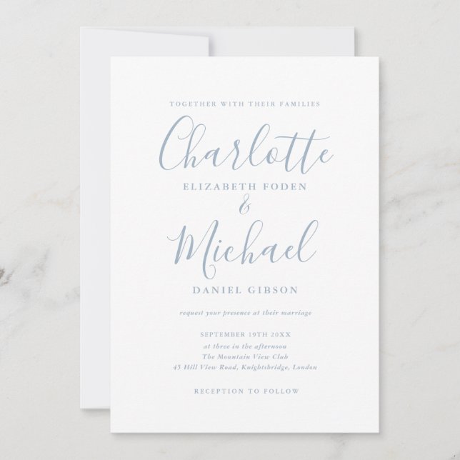 Convites Casamento Minimalista em Azul Poeirento com Letra  (Frente)
