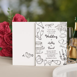 Convites Casamento Minimalista em Preto e Branco com Desenh
