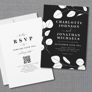 Convites Casamento Minimalista em Preto e Branco com Folha