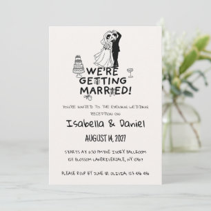 Convites Casamento Minimalista Esboço de Casal Preto e Bran