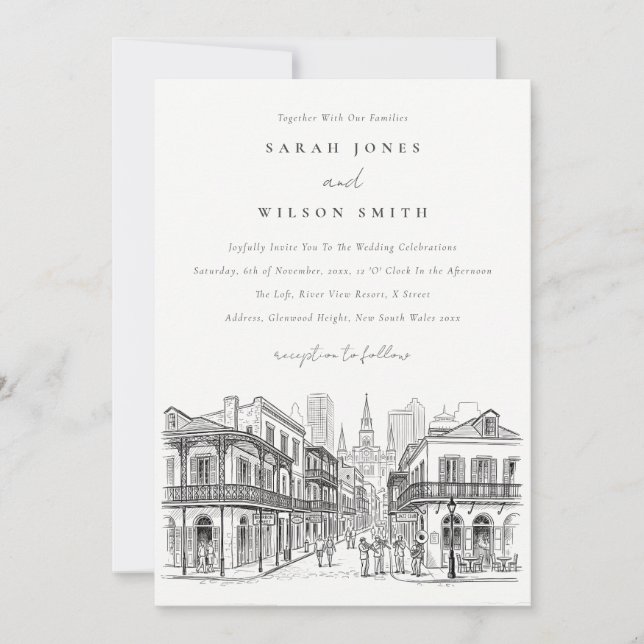 Convites Casamento Minimalista Esboço New Orleans Louisiana (Frente)