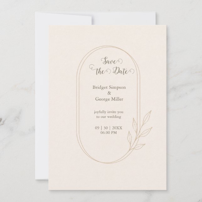 Convites Casamento minimalista escandinavo botânico dourado (Frente)
