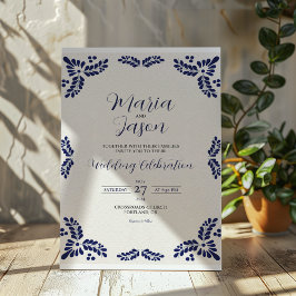 Convites Casamento Minimalista Floral Azul-Talavera Mexican