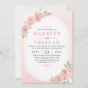 Convites Casamento Minimalista Floral Rosa Branco Chic com