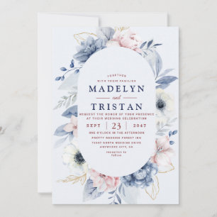 Convites Casamento Minimalista Floral Simples Branco Azul f