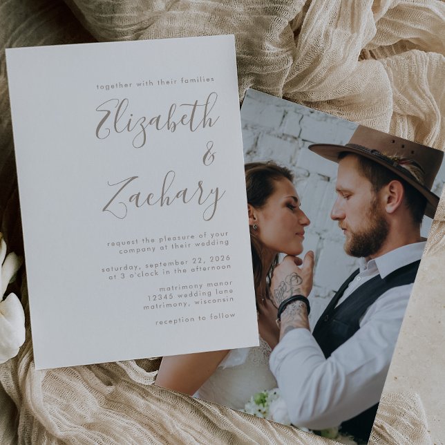 Convites Casamento Minimalista Foto Script Taupe (Criador carregado)