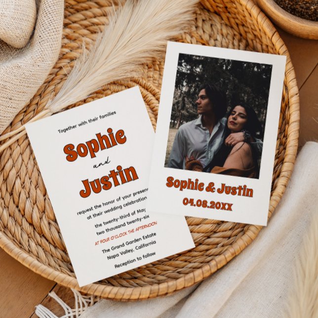 Convites Casamento Minimalista Laranja Queimado Retro Groov (Criador carregado)
