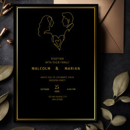 Convites Casamento Minimalista Luxuoso Preto e Dourado Eleg