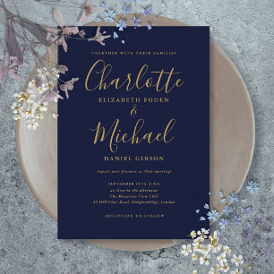 Convites Casamento Minimalista Moderno Azul Naval Dourado