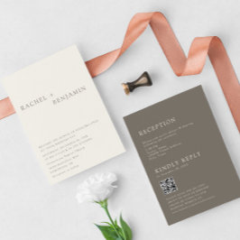 Convites Casamento Minimalista Moderno Bege Código QR 2 Lad