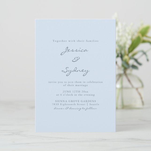 Convites Casamento Minimalista Moderno com Letra Azul Suave (Em pé/Frente)