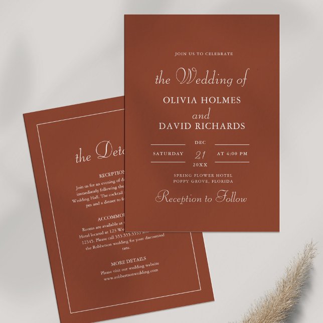 Convites Casamento Minimalista Moderno de Terracota (Modern Minimalist Terracotta Wedding Invitation on white background with dry wildflower.)
