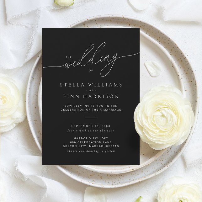 Convites Casamento Minimalista Moderno Elegante Preto Scrip (Modern Elegant Script Minimalist Black Wedding Invitation)