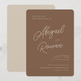 Convites Casamento Minimalista Moderno em Bege Marrom e Let