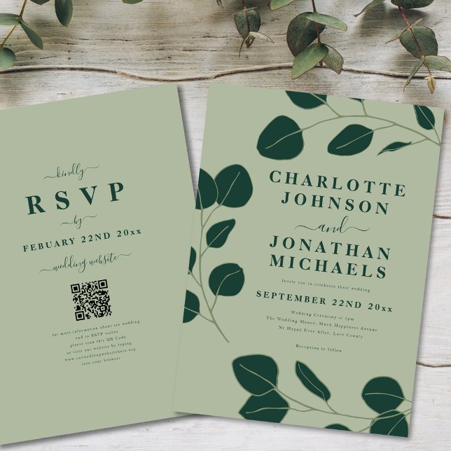 Convites Casamento Minimalista Moderno em Verde Salvia Folh (Modern minimalist eucalyptus leaf elegant wedding invitation ideal for an outdoor forest wedding)