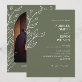Convites Casamento Minimalista Moderno Floral Verde Salvia