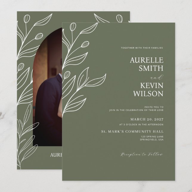 Convites Casamento Minimalista Moderno Floral Verde Salvia (Frente/Verso)