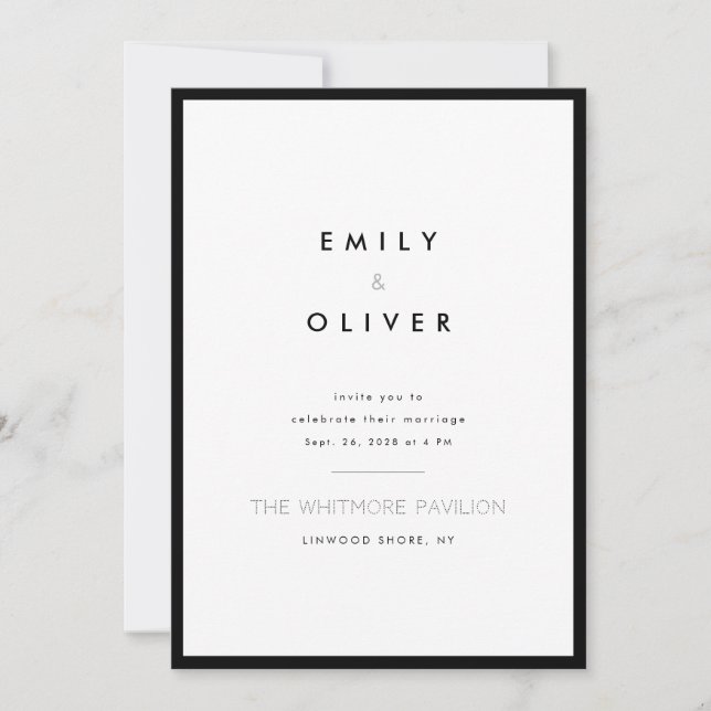 Convites Casamento Minimalista Moderno Preto e Branco (Frente)