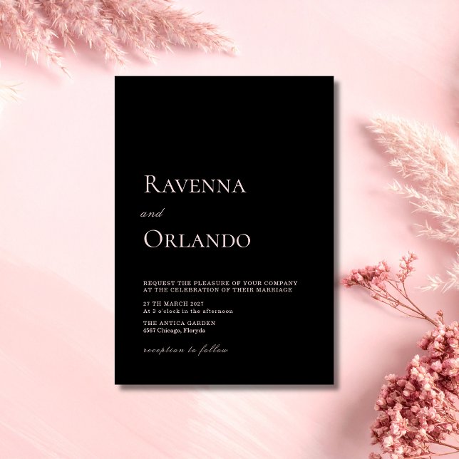 Convites Casamento Minimalista Moderno Rosa e Preto (Criador carregado)