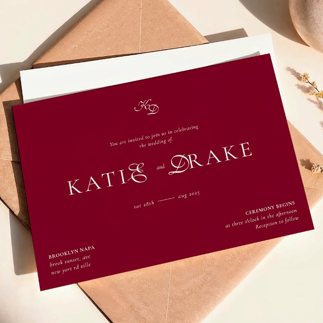 Convites Casamento Minimalista Monograma Burgundy Profundo  (Criador carregado)