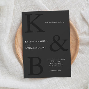 Convites Casamento Minimalista Monograma Preto Moderno