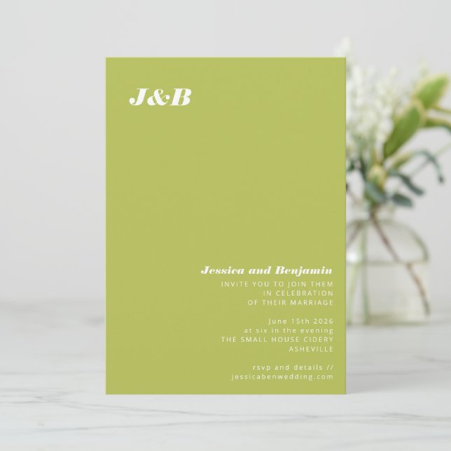 Convites Casamento Minimalista Monograma Verde Lima Chartre (Em pé/Frente)