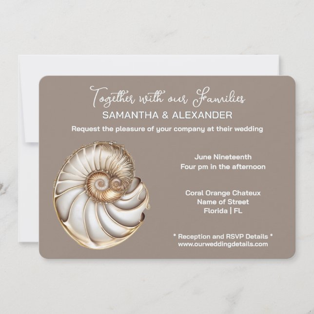 Convites Casamento Minimalista na Praia com Concha Marinha (Frente)